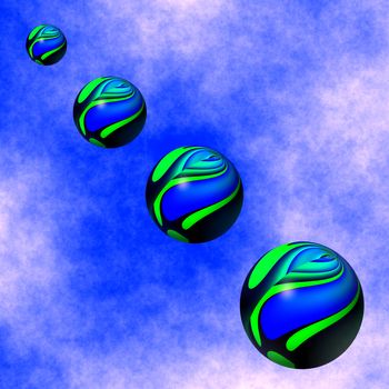 Graphic illustration of colorful spheres descending from the blue sky
