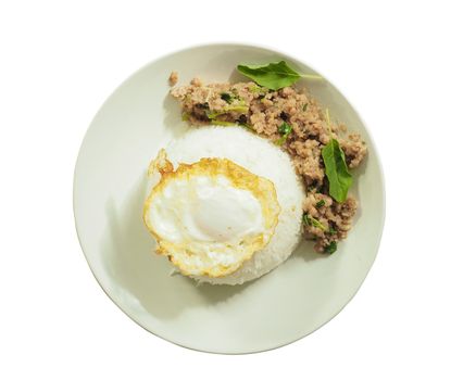 White plate with steamed rice, stir fried with basil and pork Top view isolated from white background.
Suitable for food advertisement.