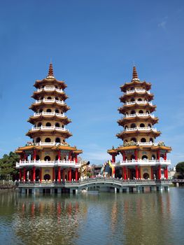 The Tiger and Dragon Pagodas at the Lotus Lake in Kaohsiung in Taiwan
