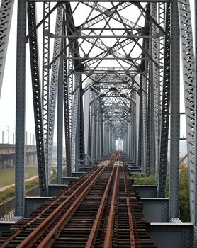 Vintage iron truss bridge across the Gaoping River in Taiwan