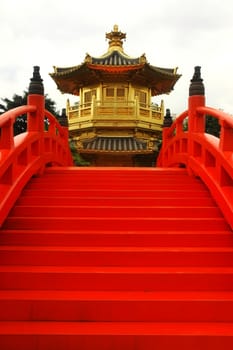 oriental golden pavilion of Chi Lin Nunnery and Chinese garden, landmark in Hong Kong 