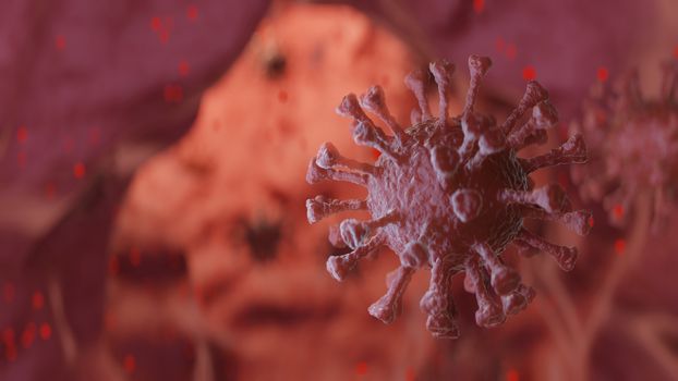 Coronavirus COVID-19 3d render illustration, virus in blood concept