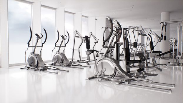 modern gym interior with equipment, fitness exercise elliptical trainers, 3d render background