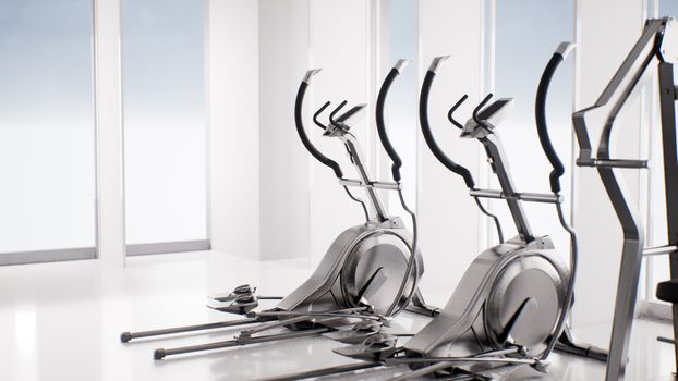 empty gym with fitness exercise elliptical trainers, interior 3d render background