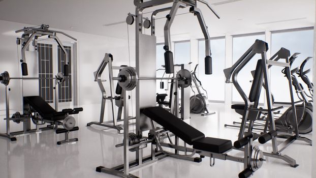 empty modern gym interior 3d render, sports equipment, modern fitness club
