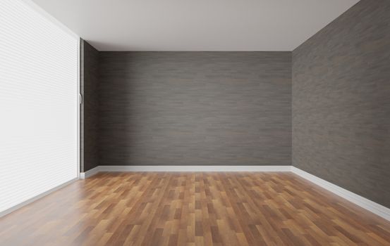 interior of empty room with wooden floor and gray wall, minimalist modern concept, 3d rendering background