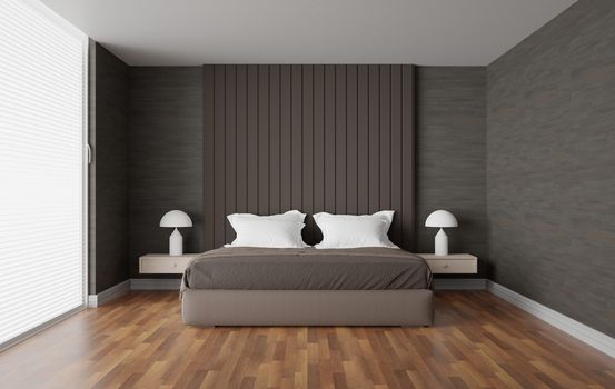 Bedroom interior with bed, minimalist and modern style, 3d render background