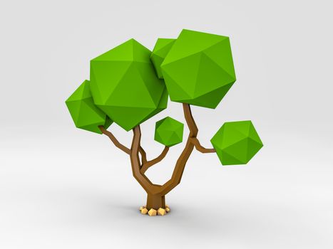 3d Rendering of tree in low poly style, clipping path included.