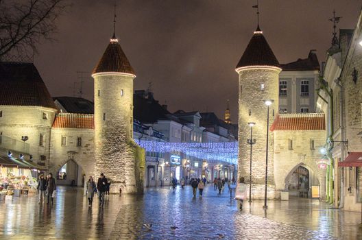 Viru Gate and Viru Street - the main tourist street of Tallinn, Estonia.