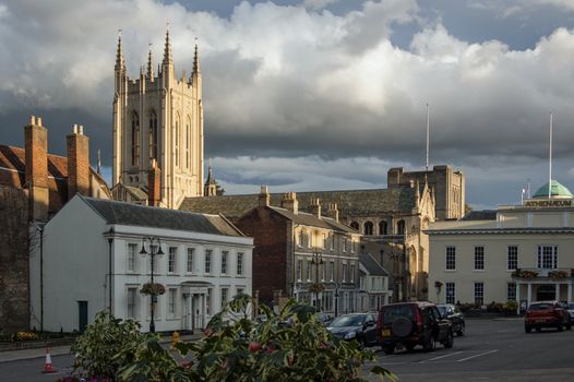Bury St Edmunds, UK - September 17, 2011:  Centre of the Suffolk town of Bury St Edmunds on a late summer evening.