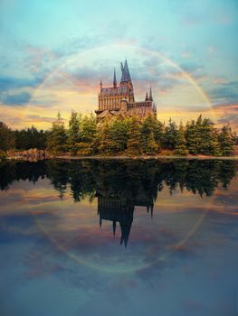 Hogwarts castle at Universal Studio Japan with impressive sky and rainbow