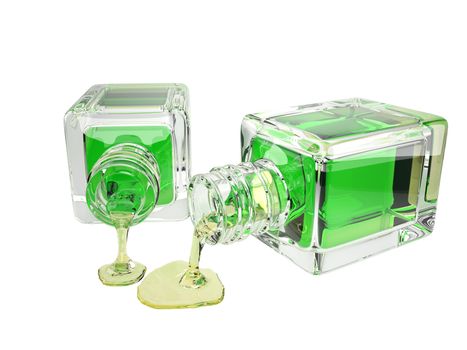 3d illustration of cosmetic glass bottle with transparent green drops, clipping path included