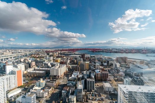 Aerial view of Osaka bay area with Minato bridge in Osaka, Japan