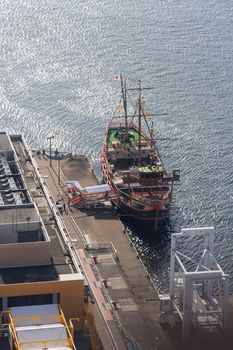 OSAKA, JAPAN – February 06, 2020;  Aerial view of a ship at Osaka port area in Japan 