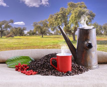 Coffee cup with beans and old pot.