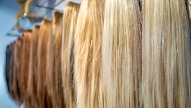 different colored and different types of wigs displayed in the shop.