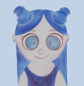 Cute Girl Colorful Kid Illustration. Girl with Blue Hair On Blue Background.