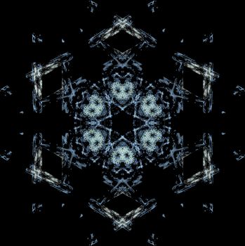 Snowflakes for the new year. Collection of linear round figures, as the rays of the sun. Blue radial objects on the black background. Decoration signs