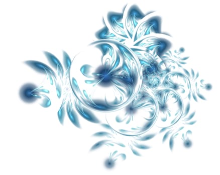 Abstract Christmas decoration background in blue color. Beautiful winter pattern with snowflakes and swirls. Frosty pattern on window in winter season. Winter holidays concept