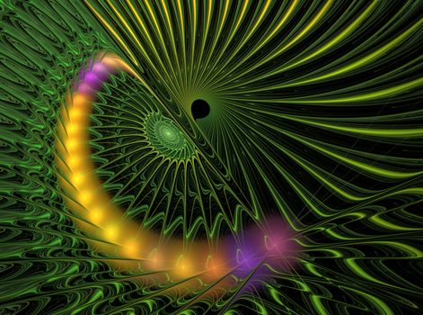 An abstract computer generated modern fractal design on dark background. Abstract fractal color texture. Digital art. Abstract Form & Colors. Green shiny spiral pattern around black hole