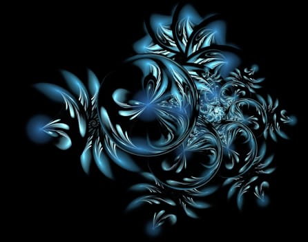 Abstract Christmas decoration background in blue color. Beautiful winter pattern with snowflakes and swirls. Frosty pattern on window in winter season. Winter holidays concept