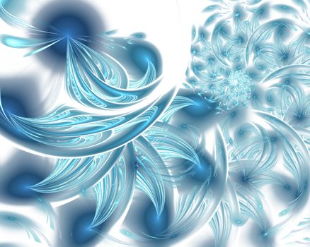 Abstract Christmas decoration background in blue color. Beautiful winter pattern with snowflakes and swirls. Frosty pattern on window in winter season. Winter holidays concept
