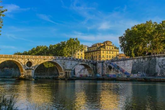 The Pons Cestius Roman stone bridge in Rome, Italy spanning the Tiber to the west of the Tiber Island.