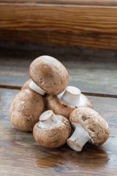 Closeup of fresh brown champignons mushrooms, Agaricus bisporus, on wood