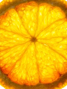 Macro of a backlit transparent orange slice showing the pulp detail