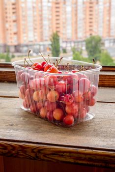 Morello cherries in a plastic crate on the windowsill, with the city buildings in the background