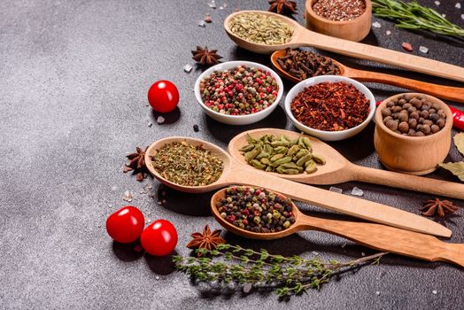 A set of spices and herbs. Indian cuisine. Pepper, salt, paprika, basil and other on a dark background. Top view. Free copy space.