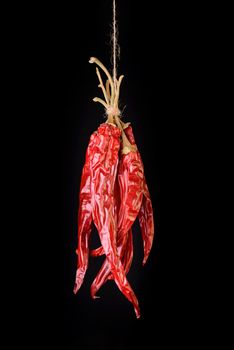 Hanged dry and sear hot red chili peppers isolated on black background