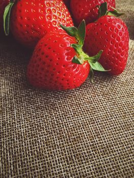 Organic strawberries on rustic linen background, fruit farming and agriculture