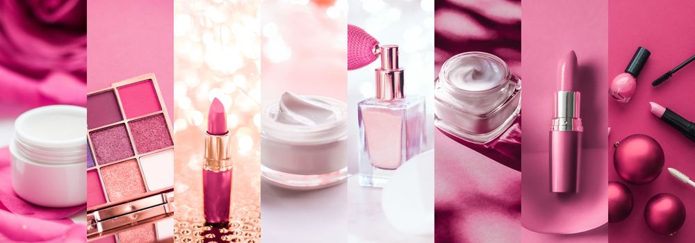 Pink beauty banner collage for luxury cosmetic, skincare and make-up brand, glamour background and holiday design ads