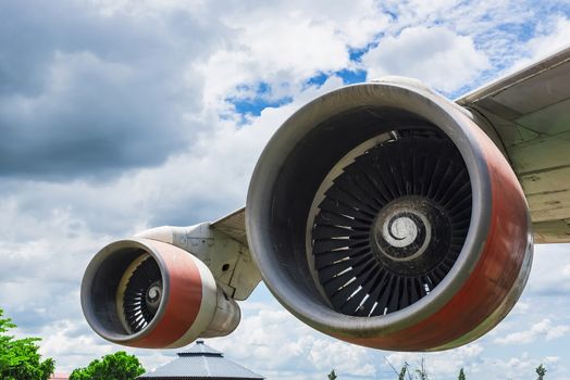 Closeup of an airplane turbine front view at Thailand.