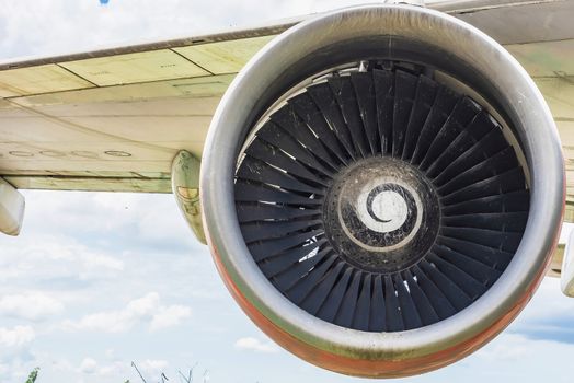 Closeup of an airplane turbine front view at Thailand.