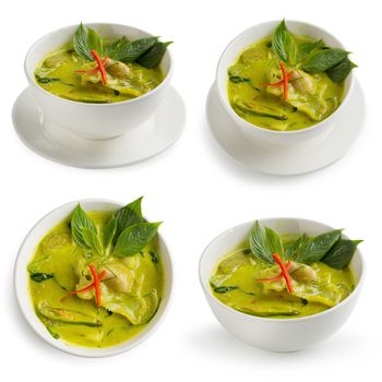 Green curry Shrimp dumplings in coconut milk isolated on white background.