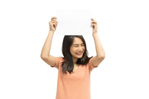 Asian pretty woman showing blank white paper for copy space and message with happy and smile in concept business woman and advertising