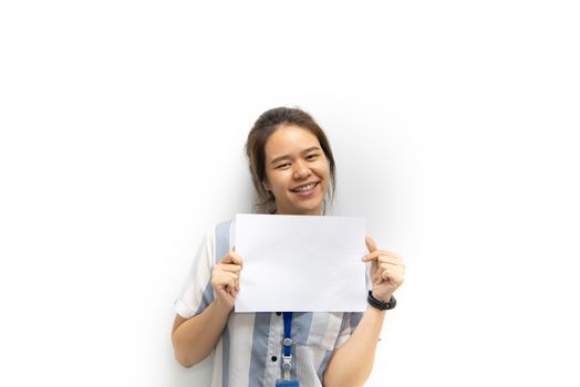 Asian pretty woman showing blank white paper for copy space and message with happy and smile in concept business woman and advertising