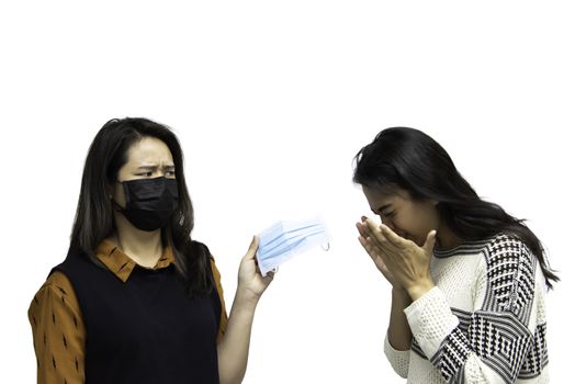 Asian pretty women wearing mask respiratory protection mask against epidemic flu covid19 or corona virus from wuhan in office with fear emotion in concept illness, outbreak, healthcare in life