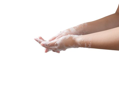 Closeup woman's hand washing, Cleaning hands on white background
