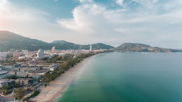 Aerial view of Patong Beach South of Thailand without people on the beach