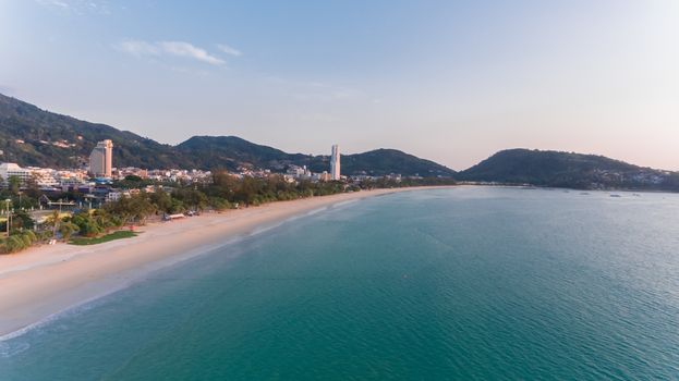 Aerial view of Patong Beach South of Thailand without people on the beach