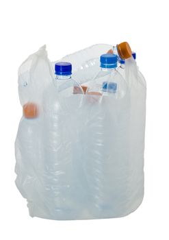 Transparen plastic bottles in the plastic bag on white background