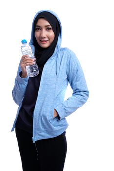 Fitness Muslim Asian girl doing stretch exercise, on white background.