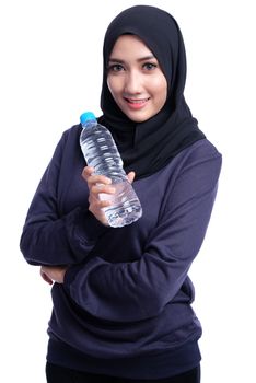 Fitness Muslim Asian girl doing stretch exercise, on white background.