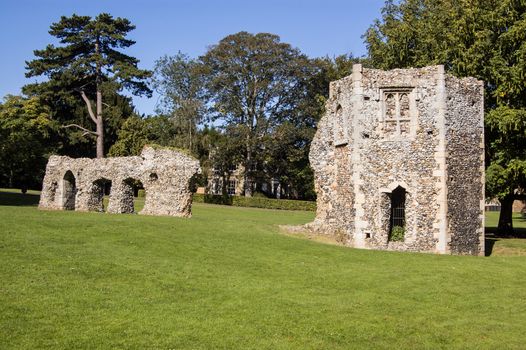 Part of the ruined dovecote and wall of the medieval abbey at Bury St Edmunds, Suffolk.