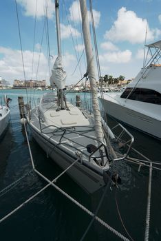 Sail Boats Moored At Oranjestad Harbor, Aruba Island 