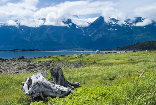 Rainbow Glacier In The Chilkat Range Near Haines, Alaska In Spring With Clouds And Melting Snow