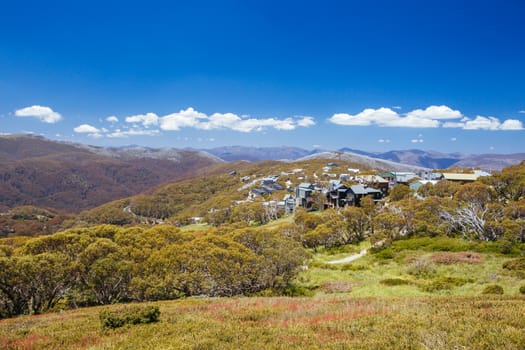 The view towards Mt Buller village on a summer's day in the Victoria, Australia